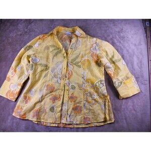 harvé benard XL Yellow Floral Linen & cotton womens 3/4 Sleeve Blouse